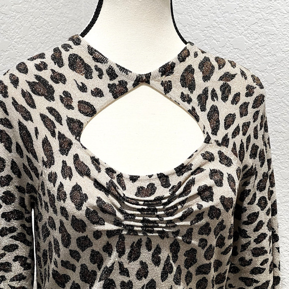 Cache Animal Print Long Sleeve Gathered Keyhole Neckline M Brown Gold Metallic - Picture 2 of 8